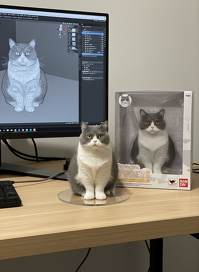 将这个图片制作成一个商业化1/7比例手办，风格写实，环境逼真。手办放置在电脑桌上，配有一个圆形透明亚克力底座，底座上没有文字。电脑屏幕上显示着手办的Zbrush建模过程。电脑屏幕旁边是一个万代风格的透明玩具盒，上面印有原始画作。