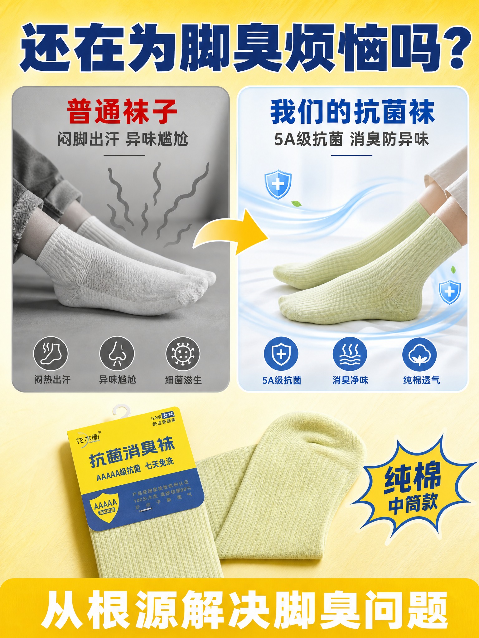 [商品] 使用【图1】花木图女士5A级抗菌消臭纯棉袜；保留浅黄… - 图片创意预览