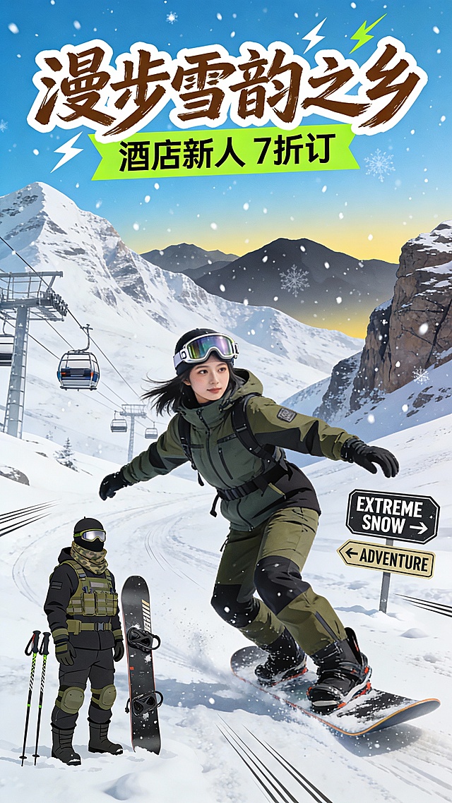 竖版插画拼贴风格冬季旅游促销海报，主色调明亮天蓝、雪白与暖黄，搭配军绿、炭黑点缀，营造专业动感的冬日氛围。画面顶部超大号棕色手写体 “漫步雪韵之乡”，带白色描边与闪电装饰，下方荧光绿条幅 “酒店新人 7 折订”。视觉中心是身穿专业机能滑雪服、戴磁吸护目镜的女性单板滑雪者，姿态矫健飒爽，脚踩专业竞技雪板滑行在野雪地形上。左侧立着戴战术围巾的机能风雪人，旁放碳纤维滑雪杖与专业滑雪板；背景是覆雪高山、专业滑雪缆车与岩石峭壁，远处山峦呈深灰色渐变，天空飘着凛冽雪花。右侧设机能风路牌 “EXTREME SNOW →”“← ADVENTURE”，强化户外探险感。构图前景人物 + 中景场景 + 远景风光分层布局，色彩冷调硬朗，线条利落专业，辅以速度线增强动感。整体风格硬核动感，吸引喜欢户外极限滑雪的年轻用户。