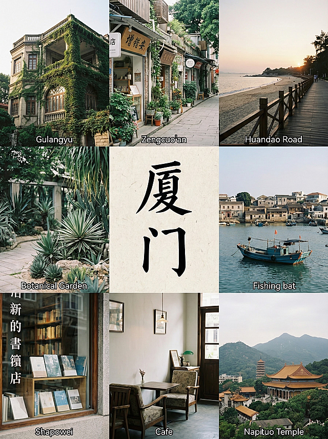 你的任务
帮我制作几份由地区的2到9张拼图出来的风景宣传照片，并在图片中心用正楷标上地点
#地点分别为
1. 西双版纳（🌴热带风情）3. 厦门（🌺文艺清新慢游）2. 珠海（🌊浪漫滨海圣地）4. 南宁（🌿暖冬绿城秘境）#备注
要求图片写实，使用香蕉2.0，图片比例3:4，且不要出现任何人的正面照。
#备注
在标记地点时，只需要有地点就行，比如：
江苏·同里——江南古镇慢节奏
就只需要在拼图中间有：江苏·同里就行