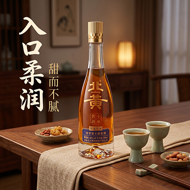 [主图-4] 北黄海黄酒餐桌场景体验展示图。[氛围风格] 中式居家温馨风格，生活化场景代入。[画质] 商业摄影质感、光线柔和通透、产品清晰真实、画面干净高级。[元素] 北黄海黄酒瓶放置在中式实木餐桌一角，旁边搭配中式瓷酒盏，桌面铺着棉麻餐布，背景虚化呈现中式餐厅环境，营造日常小聚的氛围感。保持酒瓶外观与输入产品图绝对一致，杜绝任何变形和色差，精细化处理。主体突出，场景衬托，商品占比约65%，画面满屏无边框。[光影] 傍晚室内暖光，整体光线柔和舒适，氛围温馨有食欲。[配色] 主色调：实木暖棕，辅助色：棉麻米白、酒液琥珀金。[视角构图] 略微俯视，生活场景抓拍视角，层次丰富。[文字版式] 左侧竖向排版文案，大字"入口柔润"书法字体米白色，辅助小字"甜而不腻"放在下方，浅金色细体，不遮挡产品主体。[比例分辨率] 1:1 比例，2k 分辨率；文字清晰锐利，画面超高清。[负向提示词] 变形，水印，文字错乱，产品图模糊，背景杂乱。