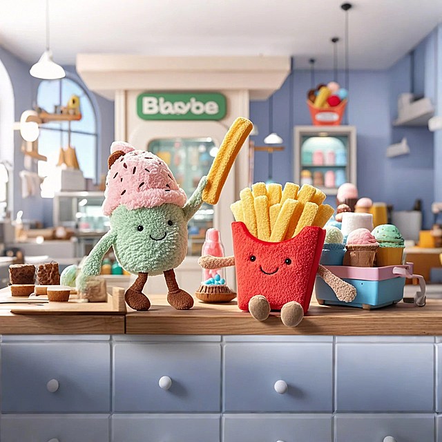 一个冰淇淋玩偶和一个薯条玩偶，在抢一根薯条