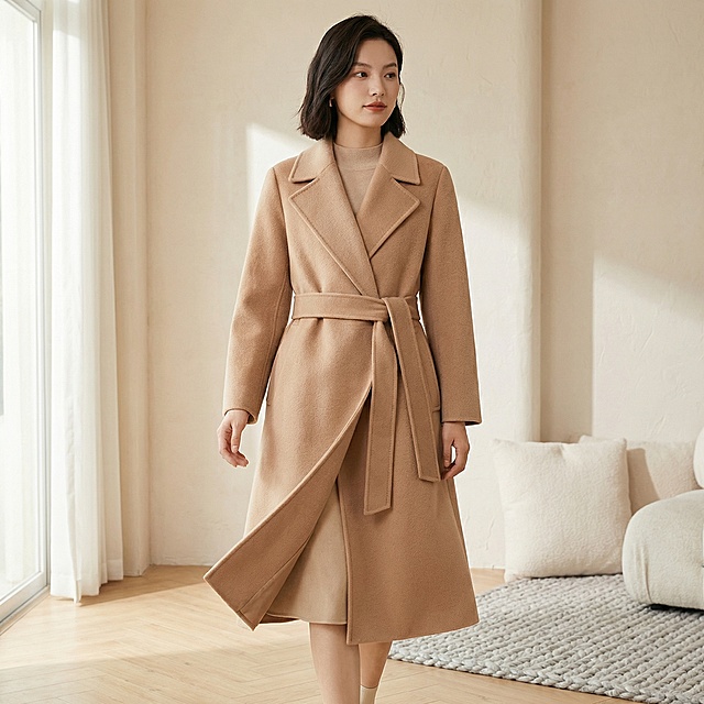 垫图为用户上传的驼色收腰女士大衣，保持大衣外观与原图完全一致，模特与首图为同一人，发型、内搭、下装均不变。画面为治愈家居场景，柔和漫射自然光，慵懒松弛感。模特自然行走在奶油色系家居空间中，步伐轻松，大衣下摆自然晃动，展现上身动态效果；背景为米白色肌理墙面、浅原木色地板，角落点缀浅灰色针织地毯与米白色毛绒靠枕，柔和的自然光从左侧落地窗透入，在大衣面料上形成细腻的光影层次，背景全屏无边框。主色调驼色，辅助色米白、浅原木色、浅灰，低饱和暖色系。平视中景，主体占比60%，景深适中，突出大衣版型的随性效果。无文案，纯图展示。