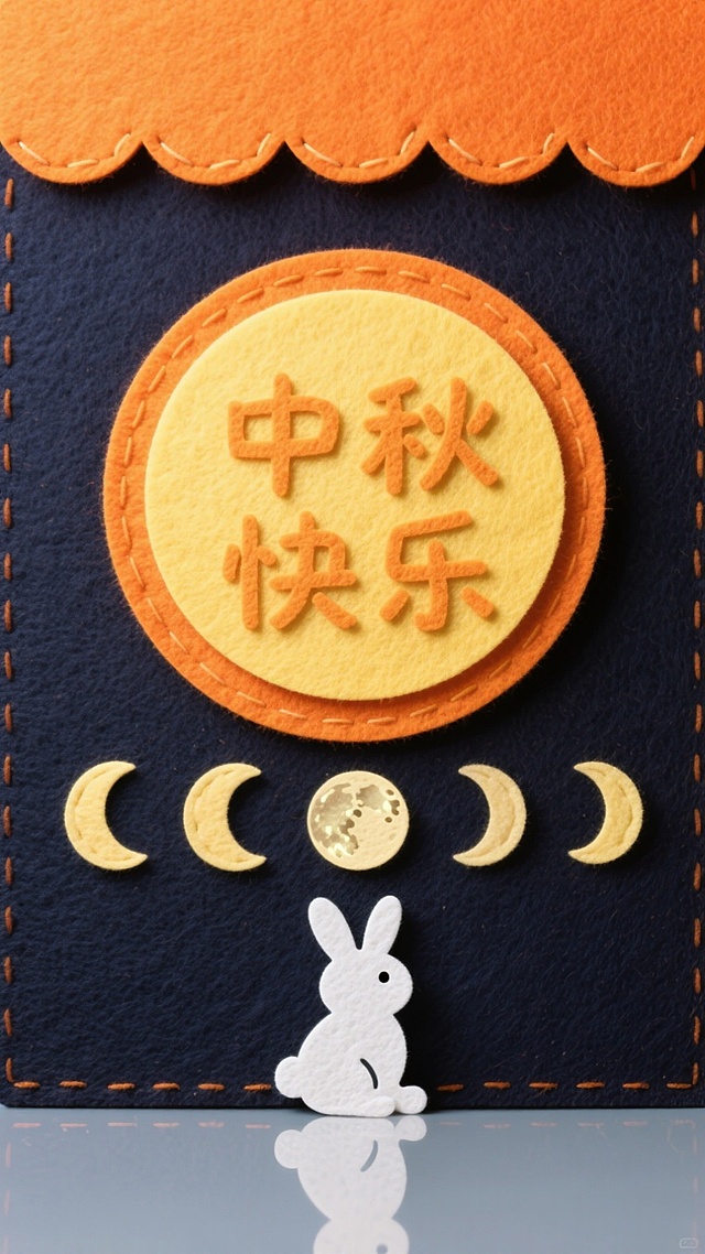 卡通风格手账风设计，拼贴质感面料与浮雕文字结合，萌趣玉兔仰望月相变化，传递中秋温馨喜庆氛围。