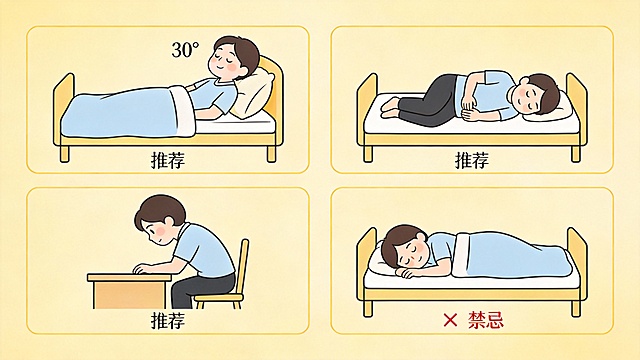 卡通患者，2×2分框排版，左上：半卧位（床头30°，患者靠坐床上，背部垫软枕，表情舒适）标注“推荐”；右上：屈膝侧卧位（患者完全平躺侧卧在床上，身体与床面平行，双腿弯曲并拢，双手轻放腹部，无坐姿倾向）标注“推荐”；左下：弯腰前倾位（患者坐在床边，身体前倾靠在桌上）标注“推荐”；右下：趴着睡姿势（患者趴在床上睡觉）标注红色“×”和“禁忌”，柔和浅黄色调，简洁线条，无多余背景，分辨率300dpi，标注文字为宋体小四号，