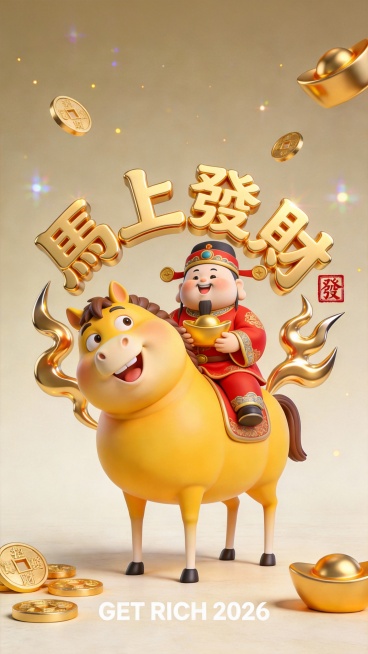 画面最上方的屋檐不要，马背上的财神戴上帽子，手捧金元宝预览效果