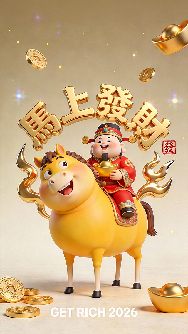 软3D风格卡通财神骑金马，鎏金文字“马上发财”闪耀，金币元宝环绕，喜庆吉祥，寓意新年招财进宝。