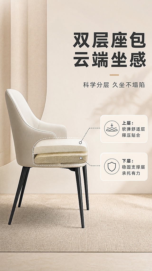 [商品] 使用【图1】DY-8827B米色餐椅；保留整体外观、米色西皮面料、碳素钢椅腿，座包部分做分层透视示意。
[画面] 目标：座包结构解析，深度说服舒适度。构图：左图右文，左侧产品+结构示意，右侧文案说明。主体：餐椅侧视角度，座包区域用虚线分层展示内部结构，产品占画面约55%。场景：简约浅灰背景，座包部分做半透明爆炸分层效果，展示上层软弹舒适层+下层支撑层的双层结构。
[视觉] 套系策略：风格=现代轻奢家居商业摄影；标题字=现代无衬线粗体；正文字=简洁无衬线体；主色=米杏色；背景延展=基于米杏色做深浅层级、同色渐变和细腻墙面/织物质感；强调色=深炭灰，仅用于小面积图标、引线和标签；标题色=深炭灰；正文色=中暖灰；组件=圆角浅底信息卡、细线引线；光影=左前侧暖柔光，柔和自然阴影。
[文字] 右侧文案区：主标题「双层座包 云端坐感」（8字），副标题「科学分层 久坐不塌陷」（10字），2个结构标注「上层：软弹舒适层 释压贴合」「下层：稳固支撑层 承托有力」，引线指向对应分层，文字横向排版。
[规格] 图片比例9:16竖版，4K分辨率，medium质量。避免变形、错字、文字过小、冷蓝/蓝灰背景、产品颜色改变、结构失真、极限词。