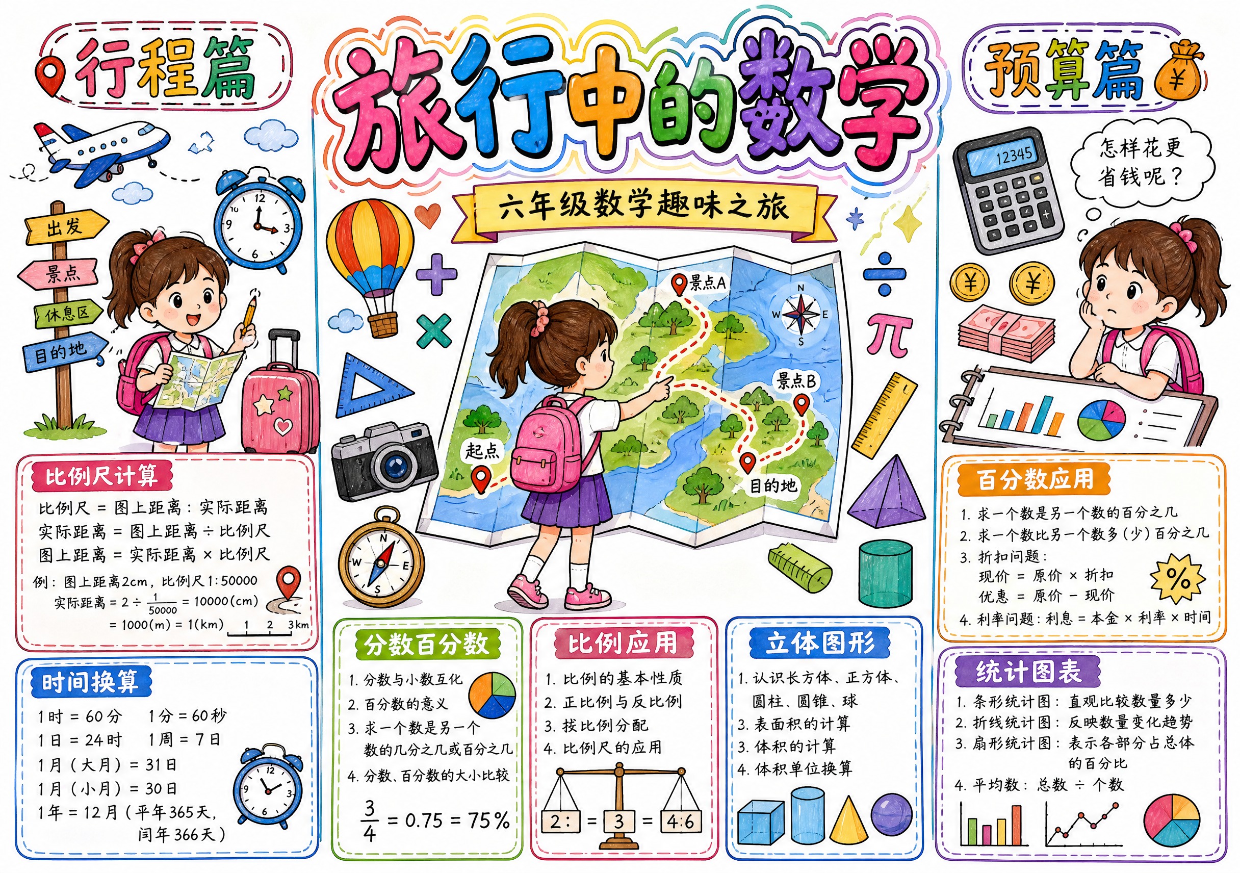 马克笔手绘风格数学手抄报，纯白色背景，横版，适合六年级学生，主… - 图片创意预览
