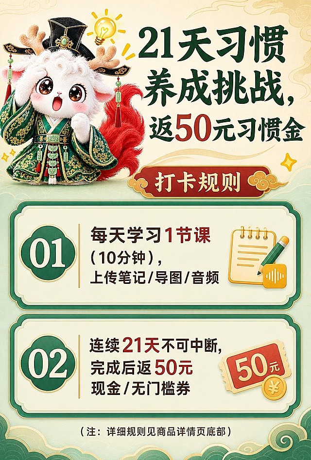 [商品] 教育服务类商品：小学语文5大专项精品课；使用【图4】驺吾IP灵感造型（保留白色绒毛、鹿角、绿金官服、红色大尾巴、头顶灯泡、惊讶表情、金色星星装饰等全部特征，不改变形象和颜色）作为页面视觉主角。
[画面] 页面目标：打卡规则透明清晰说明，降低家长疑虑。竖版构图，顶部标题区，中部2条核心规则用大号数字步骤卡展示，底部备注说明。驺吾灵感形象置于左上，灯泡象征"明白/清晰"。规则卡片用浅绿底+深绿边框，数字编号醒目。阅读动线从上到下，规则区占画面60%。背景米杏色+浅绿色块。
[视觉] 套系策略：风格=国潮卡通可爱风详情页；标题字=国潮粗黑体带衬角；正文字=圆润无衬线体；主色=深墨绿+枣红+米杏色；背景延展=基于米杏色做深浅层级、同色渐变和国潮云纹暗纹质感；强调色=金黄色，仅用于小面积图标、引线、标签和高光；标题色=深枣红/墨绿；正文色=深棕灰；组件=数字步骤圆角卡片、国潮云纹装饰、灯泡图标；光影=正面柔和暖光，角色带轻微投影。
[文字] 顶部主标题："21天习惯养成挑战，返50元习惯金"，深墨绿色，居中，字体大。步骤1：大号数字"01"+"每天学习1节课（10分钟），上传笔记/导图/音频"；步骤2：大号数字"02"+"连续21天不可中断，完成后返50元现金/无门槛券"。底部小字备注："（注：详细规则见商品详情页底部）"。所有文字横排，手机端清晰可读。
[规格] 竖版，宽750px，高1100px，分辨率4K，负向提示：避免文字模糊、错字、竖排文字、角色变形、颜色改变、冷蓝色调、二维码、微信联系方式、绝对化用语。