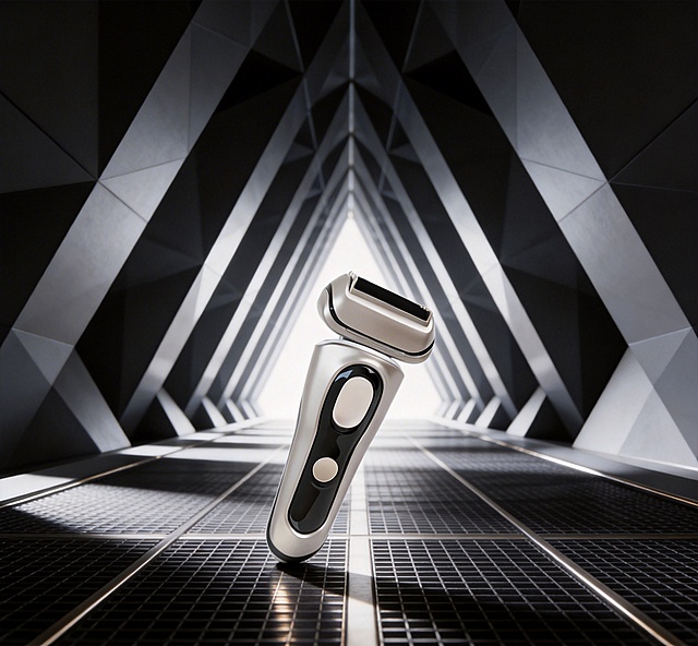 「图片1」主体内容：剃须刀场景设定：剃须刀置于延伸至远方的几何通道中，通道由深浅灰色的三角形结构组成，地面是带金属线条的深色网格。风格参考：高端电子产品商业摄影风格，科技感与质感兼具。色调色彩：整体以冷色调为主，黑、深灰、浅灰搭配金属银，光线营造明暗对比，突出产品立体感。构图视角：采用低角度仰视构图，剃须刀位于画面中心偏下位置，视觉聚焦于产品。细节补充：通道尽头有明亮光源，形成光影纵深感，机身有轻微反光，凸显产品精致质感。