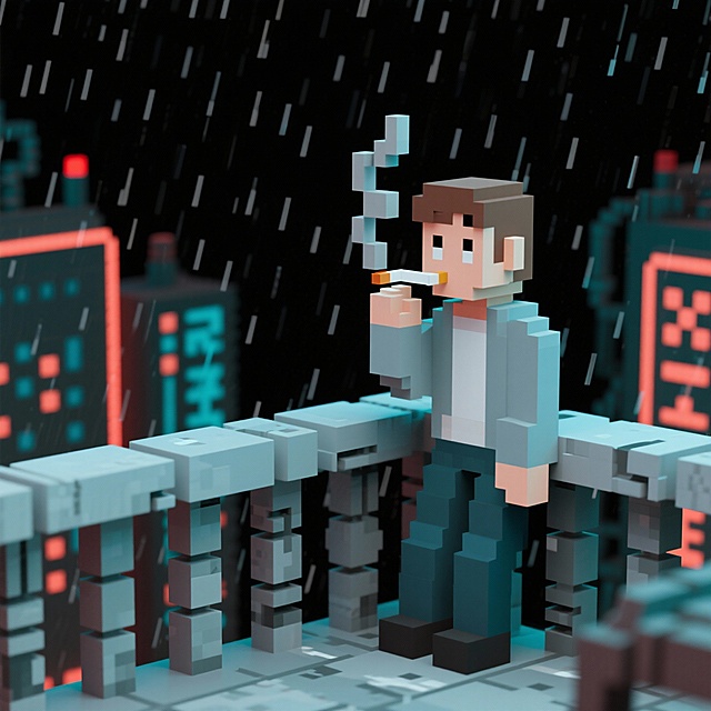 一个抽烟的男青年，背景是露台，露台后是下雨的天空和城市的霓虹，整体氛围偏蒸汽朋克