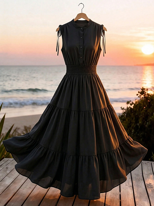 将图1的黑色无袖收腰长款大摆连衣裙完整替换图2悬挂的白底黑花连衣裙，保留图2的海边日落背景、木质平台和悬挂衣架，保持自然流畅裙摆效果和真实光影