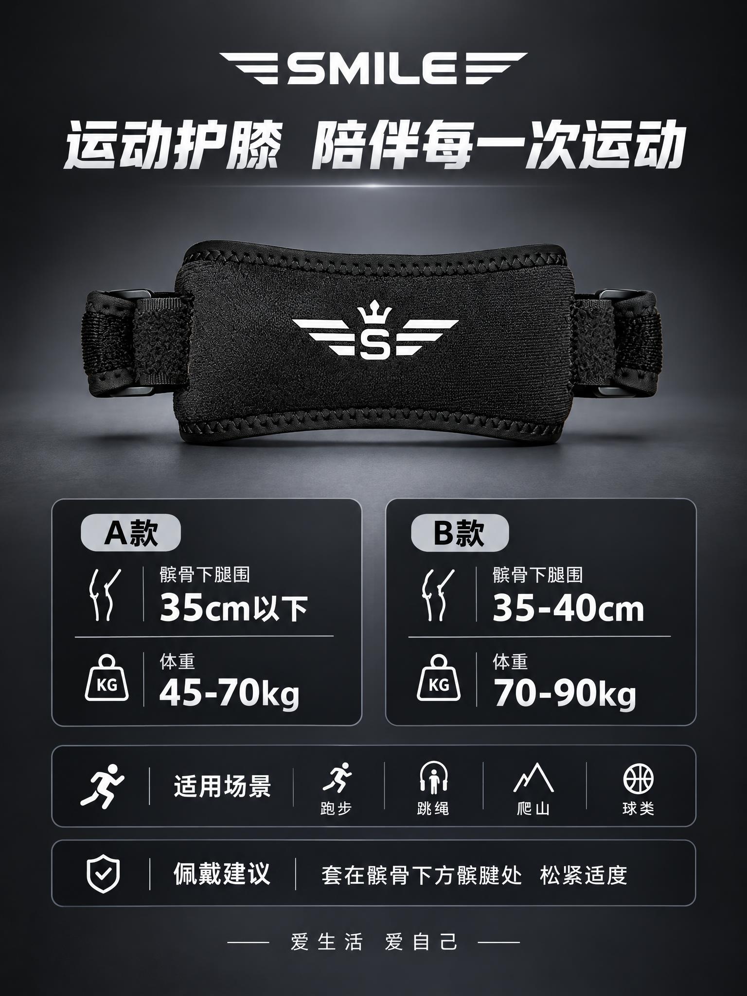 [详情8] 参数收尾页：SMILE黑色髌骨带产品标准照居中偏上… - 图片创意预览