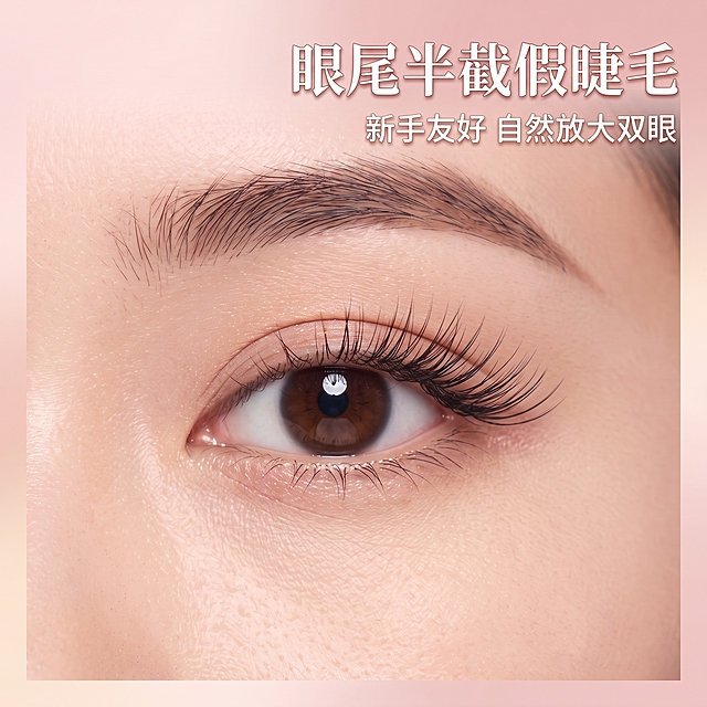 基于参考图重新生成，眼尾半截假睫毛改为加长款效果。保持原构图、角度、背景浅粉色渐变、文字排版不变，只修改眼尾假睫毛：眼尾后半段的半截假睫毛明显更长更浓密纤长，眼尾拉长延伸效果突出，睫毛根根分明卷翘飞扬，加长款视觉效果显著，眼部特写高清精致，肤色自然有光泽，美妆质感高级。右上角保留大字标题"眼尾半截假睫毛"和下方卖点文字"新手友好 自然放大双眼"，整体为淘宝天猫1:1电商主图风格。