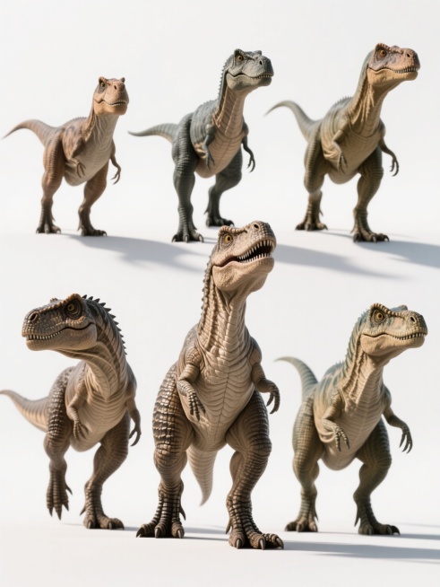 6个不同外貌、不同造型、不同品种的恐龙，白色背景，排列整齐，超写实3D渲染，皮肤纹理细腻，肌肉结构精准，具有真实的皮肤褶皱和鳞片细节，光线从上方柔和照射，形成自然的阴影，整体造型充满力量感和真实感，色彩以自然的恐龙肤色为主，每个恐龙姿态各异但整体排列整齐有序。预览效果