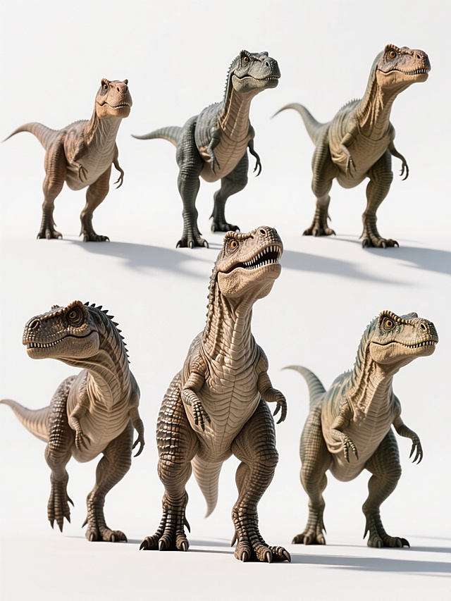 6个不同外貌、不同造型、不同品种的恐龙，白色背景，排列整齐，超写实3D渲染，皮肤纹理细腻，肌肉结构精准，具有真实的皮肤褶皱和鳞片细节，光线从上方柔和照射，形成自然的阴影，整体造型充满力量感和真实感，色彩以自然的恐龙肤色为主，每个恐龙姿态各异但整体排列整齐有序。