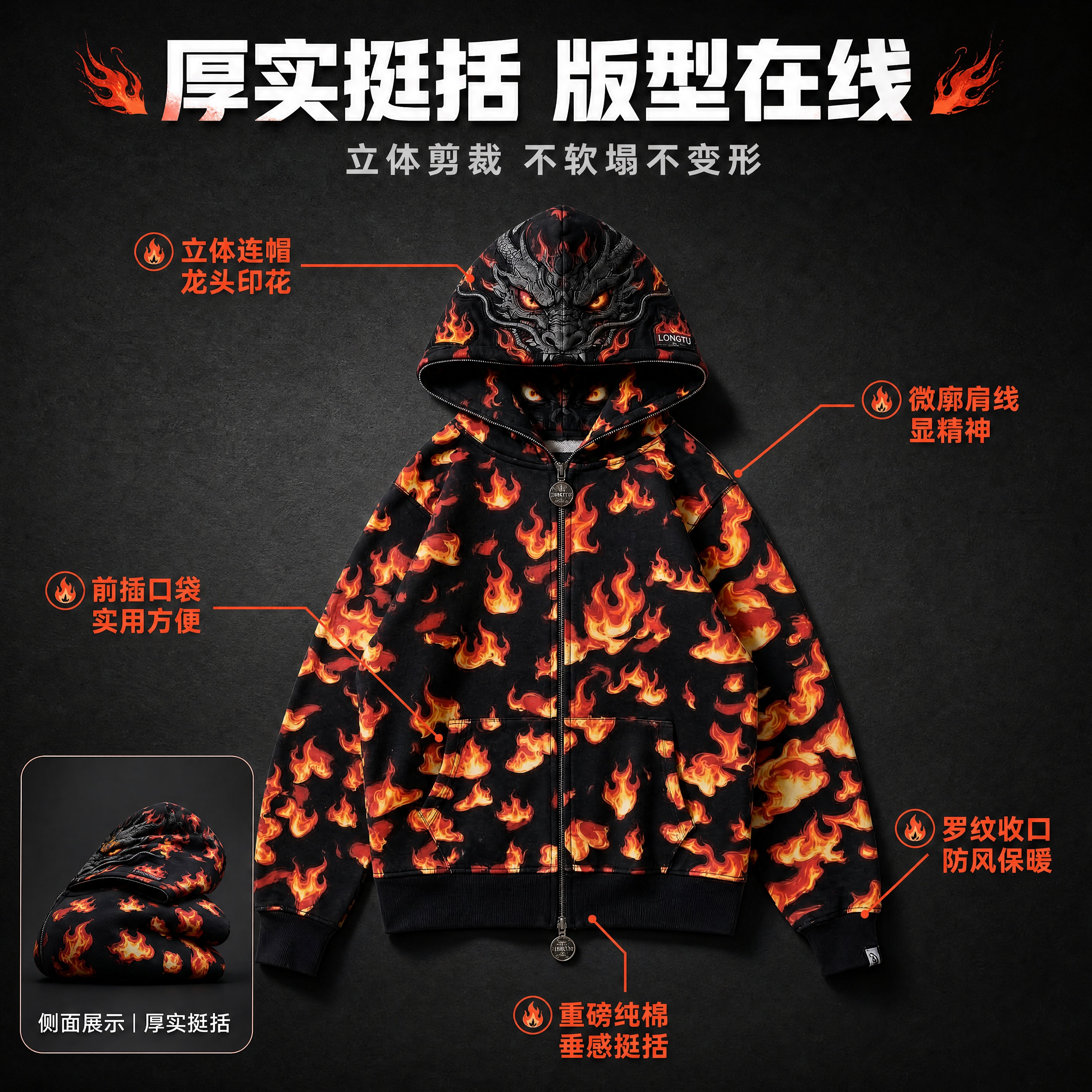 [商品] 使用【图1】黑底火焰龙纹连帽拉链卫衣；商品处理：保留… - 图片创意预览