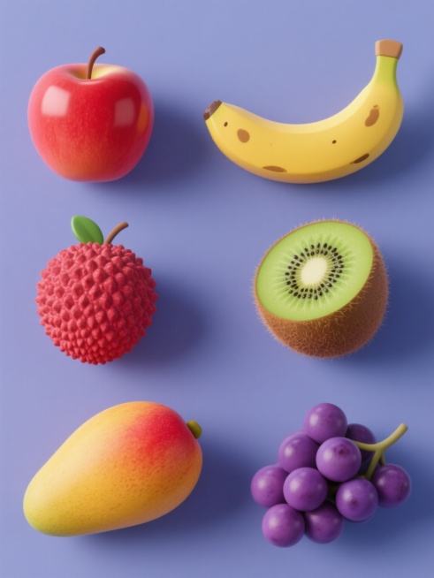 纯色背景，软3D风格，整体色彩变换，包含苹果、香蕉、猕猴桃、荔枝、芒果、葡萄六个完全不同元素内容的水果系列素材集合，规整排布。每个水果都具有光滑的表面质感和柔和的阴影，苹果呈现出圆润的形状和鲜艳的红色，香蕉是弯曲的黄色长条并带有棕色斑点，猕猴桃有棕色的绒毛外皮和绿色带黑色籽的果肉，荔枝外壳粗糙呈红色并带有绿色果蒂，芒果呈椭圆形黄色果皮带有红色晕染，葡萄则是成串的紫色圆形果实，所有水果在纯色背景……预览效果