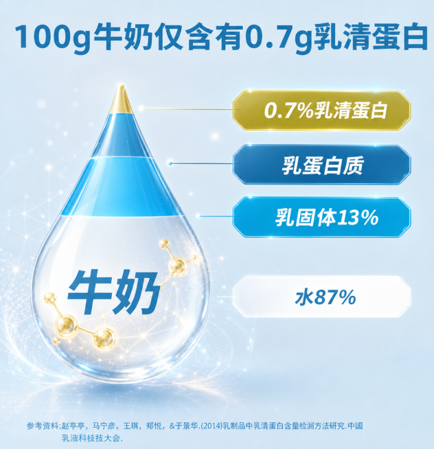 参考第二张图片的高端质感科技风，将第一张牛奶成分图重新生成，保留原水滴形状和所有文字数据内容，让水滴具有透明质感并添加金色分子结构，背景保持浅蓝色，整体风格精致通透，科技感预览效果