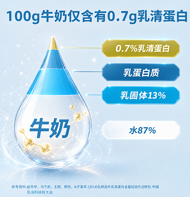 参考第二张图片的高端质感科技风，将第一张牛奶成分图重新生成，保留原水滴形状和所有文字数据内容，让水滴具有透明质感并添加金色分子结构，背景保持浅蓝色，整体风格精致通透，科技感