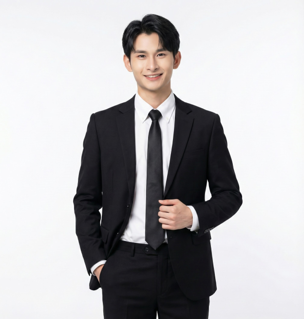 一位年轻亚洲男性，身着剪裁合体的黑色西装，内搭白色衬衫，系着黑色领带，左手自然插在西装裤口袋，右手轻握西装前襟，面带温和微笑，姿态自信挺拔，背景为纯白色，整体呈现清晰、专业、正式的商业人像摄影风格，光预览效果