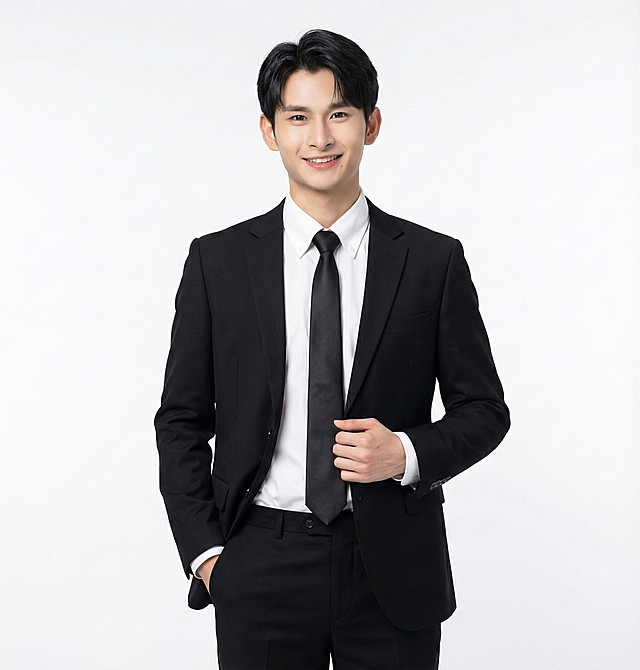 一位年轻亚洲男性，身着剪裁合体的黑色西装，内搭白色衬衫，系着黑色领带，左手自然插在西装裤口袋，右手轻握西装前襟，面带温和微笑，姿态自信挺拔，背景为纯白色，整体呈现清晰、专业、正式的商业人像摄影风格，光线均匀柔和，突出西装的挺括质感与人物的精神面貌。