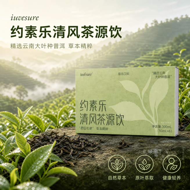 [单张主图] 约素乐清风茶源饮草本饮料，高级氛围感主图，打造天然茶饮爆款电商主图。[画面主体] 保持产品包装外观（物理结构、材质质感、品牌Logo字形颜色）与输入产品图绝对一致，杜绝任何变形和色差，精预览效果