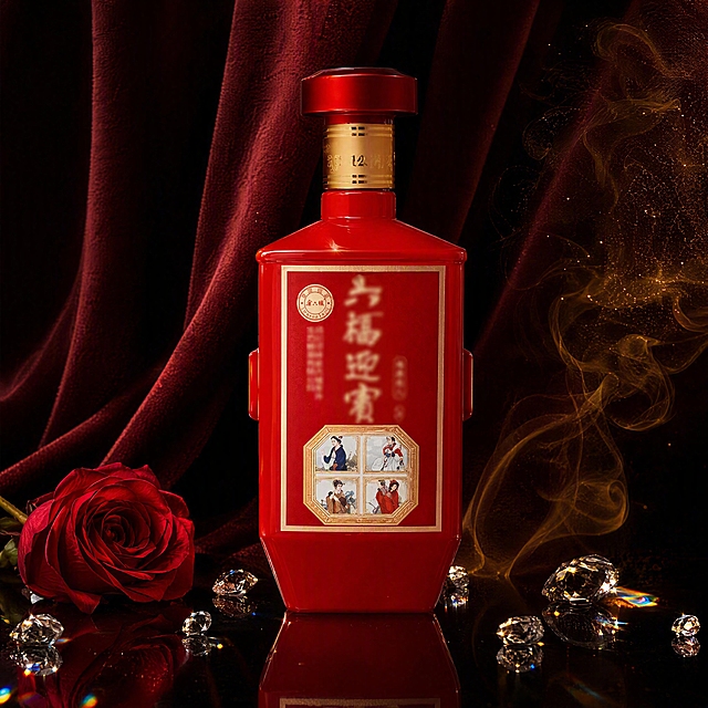 超写实白酒产品摄影。
主体：白酒瓶严格参照上传产品图，完整保留所有可见组件、部件、轮廓、结构、比例、材质、颜色与产品本体上的图案信息；瓶身文字做适度模糊化处理，不可清晰辨认具体文字内容，与上传图完全一致；自然融入场景光影，与场景共处同一物理空间。产品占画面65%，完整不裁切，特写构图，背景无其他同类白酒产品。
构图：正面平视，居中构图，产品特写。
风格：暗调奢华。
场景：深色丝绒背景，高端珠宝级产品展示。
空间：①背景，深邃酒红色丝绒布料，柔和褶皱；②承载面，黑色哑光钢琴烤漆台面。
陈设：①产品放置于黑色烤漆台面中央；②产品周围，散落数颗大小不一的透明水晶钻石，折射出七彩光斑；③产品左下方，一朵盛开的深红色玫瑰花瓣，花瓣边缘微卷；④产品右后方，一缕金色烟雾袅袅升起，虚化梦幻；⑤台面如镜面般倒映出瓶身下半部分的模糊倒影。
配色 / 材质：中国红 / 酒红 / 深黑 / 水晶透明 / 金色；丝绒 / 钢琴烤漆 / 水晶玻璃 / 花瓣 / 烟雾。
光影：主光从正上方偏前30°聚光照射，在瓶肩与瓶身正面形成锐利高光带；侧光勾勒瓶身轮廓，水晶钻石璀璨折射，烟雾在光线中呈现金色颗粒感，整体极致奢华暗调氛围。
参数：4K 写实光追，商业产品摄影质感。严格锁定宽高比为1:1。画面中不得出现任何地址、日期信息。