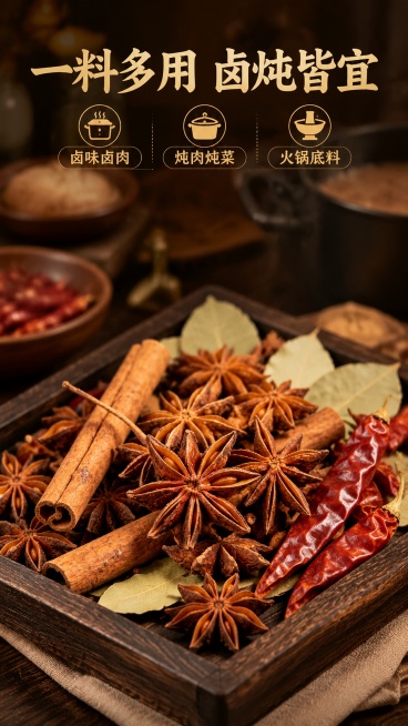 [第4屏] 卤料搭配场景展示，种草多种烹饪用法。本屏使用【图6】作为主体参考。
[氛围/风格] 温馨厨房烟火气，真实烹饪场景感，暖色调治愈氛围。
[元素布局] 深色实木托盘上摆放八角、桂皮、香叶、干辣预览效果