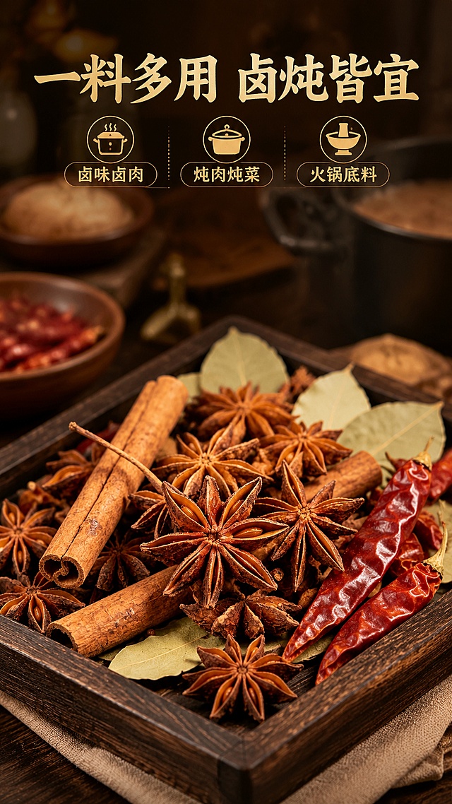 [第4屏] 卤料搭配场景展示，种草多种烹饪用法。本屏使用【图6】作为主体参考。
[氛围/风格] 温馨厨房烟火气，真实烹饪场景感，暖色调治愈氛围。
[元素布局] 深色实木托盘上摆放八角、桂皮、香叶、干辣椒全套卤料，八角放置在画面C位突出主体，占比约60%，保持所有香料形状颜色真实自然，背景做虚化厨房台面处理，层次丰富。
[光影质感] 厨房柔和散射光，整体偏暖调，突出香料干燥质感和色彩层次，真实自然。
[配色色系] 全局底色 #2D261E；主色：八角红棕、桂皮棕、辣椒鲜红；辅助色：香叶浅绿、木盘深棕。
[视角构图] 45度斜拍，中心构图，整体沉稳有食欲。
[文字版式] 顶部主标题「一料多用 卤炖皆宜」，下方分三点标注「卤味卤肉」「炖肉炖菜」「火锅底料」，图标+文字组合，保持字体颜色风格统一，文字清晰不遮挡主体。
[比例分辨率] 9:16 竖版比例，4K分辨率，文字清晰可辨，高清画质。
[负向提示词] 主体偏移，香料变形，颜色偏差，文字遮挡主体，水印。