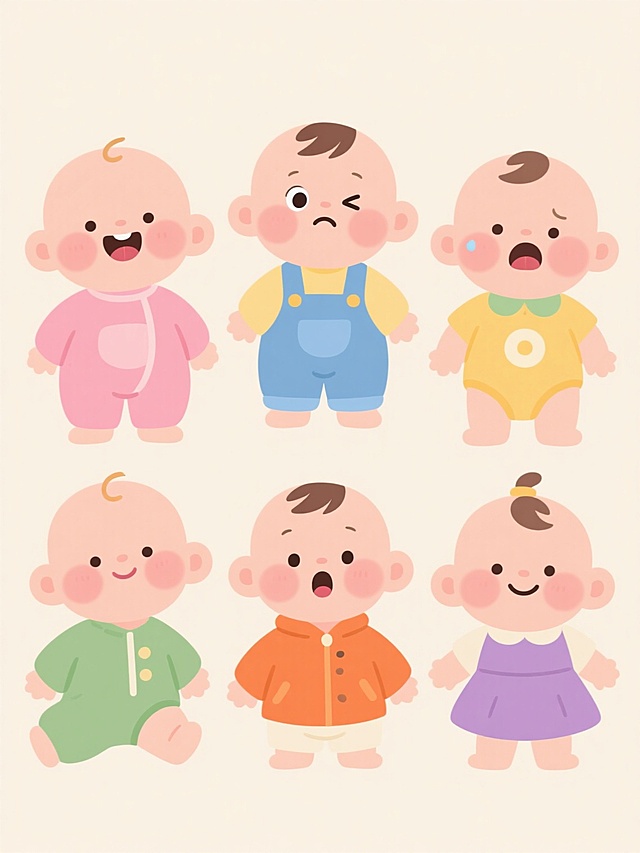 六个穿着不同服饰、有着不同表情的可爱婴儿小孩，采用卡通风格，线条圆润流畅，色彩明快柔和，主色调为浅色系，每个婴儿都有大大的脑袋、小小的身体、肉嘟嘟的脸颊和四肢，表情分别为开心大笑、好奇眨眼、呆萌打哈欠、委屈撇嘴、惊讶张嘴、满足微笑，服饰包括粉色连体衣、蓝色背带裤、黄色哈衣、绿色爬服、橙色外套、紫色裙子，规整地排列在浅色背景上，整体氛围温馨可爱，充满童趣。