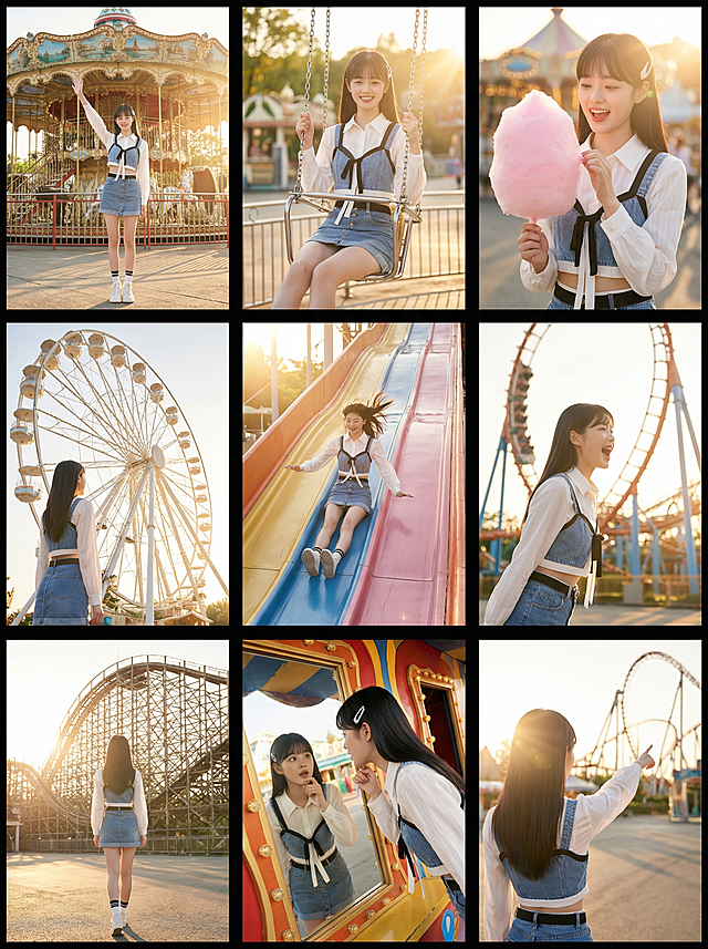 梦幻感与甜美感交织的游乐园写真，融合清新光影与实景场景，轻拟物风穿搭呼应动漫风氛围，胶片质感捕捉少女欢愉瞬间。