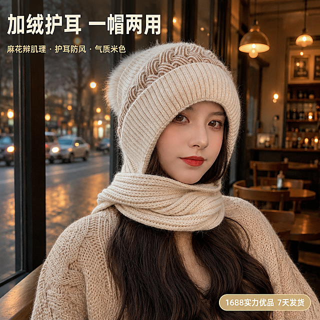[主图-1] 米色加绒护耳针织帽正面上头首图，一帽两用围巾一体。
[氛围风格] 温暖冬日咖啡店街景氛围感，柔和时尚摄影光，松弛自然抓拍感，高级简约。
[画质] 商业摄影质感、光线柔和通透、产品清晰真实、画面干净高级，超高清细节。
[元素] 亚洲年轻女模特，妆容精致皮肤白皙，长发自然垂落，身穿米色麻花针织毛衣，佩戴与输入图完全一致的米色麻花辫加绒护耳针织帽（帽子+围巾一体设计），帽子主体占画面约65%。模特正面微侧，头部完整不裁切，帽子顶部毛球、麻花辫肌理、护耳翻边、围巾缠绕层次完整呈现。背景为咖啡店玻璃窗内视角，窗外是黄昏冬日街景，暖黄色路灯光斑虚化，背景复杂度控制在30%以内，简洁不抢主体。保持帽子外观（物理结构、材质质感、米色颜色、麻花编织纹理、毛球装饰）与输入产品图绝对一致，杜绝任何变形和色差，精细化处理。画面禁止出现多余的手、多余的手指、畸形手、融合手指、手部扭曲、肢体穿模、人物面部扭曲、关节反折。
[光影] 黄昏暖调侧光为主光，咖啡店室内暖黄灯为辅光，柔和漫反射填充暗部，帽子针织纹理有细腻明暗层次，毛球蓬松有体积感，光比舒适不生硬。
[配色] 主色调气质米色、奶白色；点缀色暖金色、浅棕咖色；整体暖调统一。
[视角构图] 胸部以上近景平视构图，帽子与脸部为视觉中心，正面微侧45度，景深中等，背景虚化突出主体，人物头部不顶边，上下左右留安全边距。
[文字版式] 顶部左侧负空间左对齐排版，不遮挡帽子和脸部。主标题大字粗体米白色："加绒护耳 一帽两用"；副标题小号同色系浅金色："麻花辫肌理 · 护耳防风 · 气质米色"，主副标题大小对比明显，字体不超过2种，现代简约无衬线字体。右下角小标签，圆角浅金色底米白字："1688实力优品 7天发货"，精致小巧不抢主体。
[输出要求] 1:1比例，文字清晰锐利可辨，超高清商业摄影质感。
[负向提示词] 变形，文字错乱，产品图模糊，背景杂乱，水印，电商平台Logo，多余手指，手部畸形，面部扭曲。