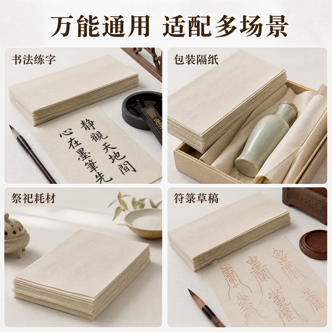 [主图-4] 多场景适配展示拼图
[氛围风格] 实用展示风，突出多用性
[画质] 商业摄影质感、光线柔和通透、产品清晰真实、画面干净高级
[元素] 四宫格展示玉扣纸的不同使用场景，分别为书法练字、包装预览效果