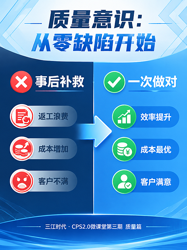 公众号正文配图，专业商务风格，左右对比版式，深蓝与浅蓝双色分割。左侧区域标题"事后补救"，配红色叉号图标，下方列出三个痛点："返工浪费"、"成本增加"、"客户不满"，每项配红色小图标，文字为灰色。右侧区域标题"一次做对"，配绿色对勾图标，下方列出三个优势："效率提升"、"成本最优"、"客户满意"，每项配绿色小图标，文字为白色。中间有一条垂直分割线和一个大箭头从左指向右。顶部大标题"质量意识：从零缺陷开始"。底部标注"三江时代 · CPS2.0微课堂第三期 质量篇"。背景有淡淡的几何线条装饰。画面中所有信息区域必须填充完整合理的内容，不得出现空白框。版式精美，超高清画质。竖版构图。