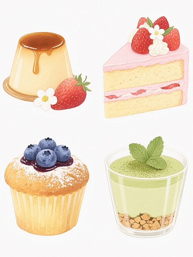 系列下午茶甜点插画，保持水彩质感的手绘风格，柔和的色彩过渡，细腻的笔触纹理，统一的纯白色纯色背景，四个完全不同的下午茶元素规整排布成2x2网格布局。左上角：焦糖布丁，米黄色布丁体，顶部淋有棕色焦糖酱，点缀一片新鲜草莓和一朵白色小花；右上角：草莓奶油蛋糕，双层海绵蛋糕夹着粉色奶油，表面铺满新鲜草莓和白色奶油花；左下角：蓝莓马芬，金黄色蛋糕体，顶部有蓝莓果酱和新鲜蓝莓，撒有白色糖粉；右下角：抹茶慕斯杯，透明玻璃杯内是浅绿色抹茶慕斯，底层有饼干碎，顶部装饰抹茶粉和一片薄荷叶。每个甜点都有精致的细节和柔和的光影效果，整体风格统一，色彩和谐，充满温馨甜美的氛围。