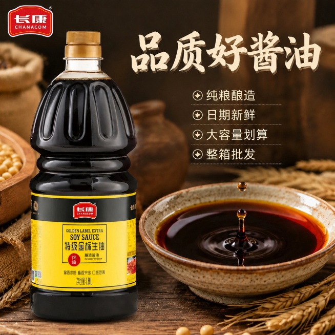 [主图修改] 将现有图中所有"醋"相关文字修改为"酱油"，主标题改为"品质好酱油"，保持产品外观（长康特级金标生抽酱油瓶）、构图、中国风场景、光影和配色完全不变，仅修改错误文字内容；左上角保持原有长康预览效果