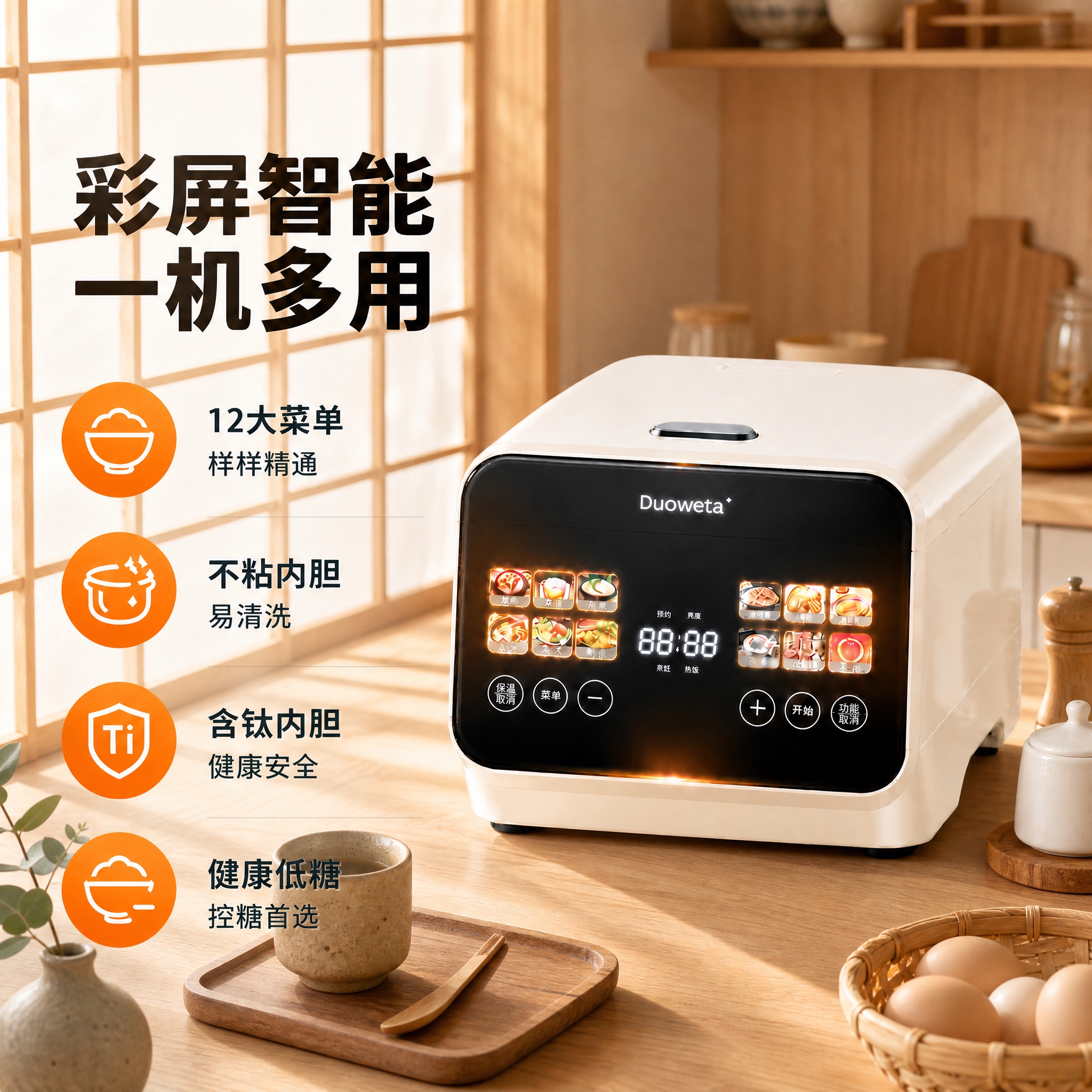 基于这张电饭煲主图，更换全新背景为原木风日式厨房场景，产品和左… - 图片创意预览