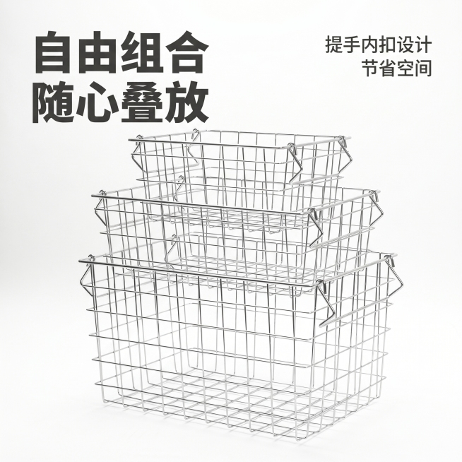 [主图 8] 三层叠放组合展示，突出自由组合特性。[氛围风格] 专业展示，突出结构优势。[画质] 商业摄影质感、光线柔和通透、产品清晰真实、画面干净高级。[元素] 大中小三个尺寸的收纳筐，提手内扣后依预览效果