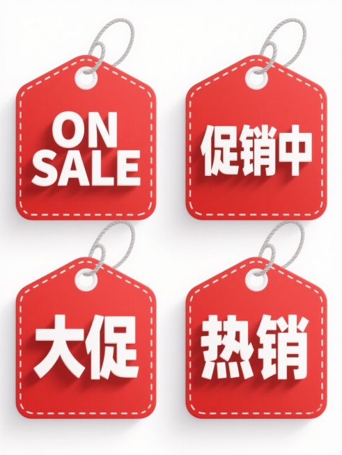 一套4个规整排布的电商促销标签素材，每个标签均为红色矩形吊牌样式，边缘有白色缝线装饰，顶部带灰色细绳和白色圆形挂孔，采用简洁无衬线白色立体粗体字，分别写有“ON SALE”“促销中”“大促”“热销”字样，标签下方有轻微阴影增强立体感，整体风格喜庆醒目，适合电商促销场景，背景为纯白色。预览效果