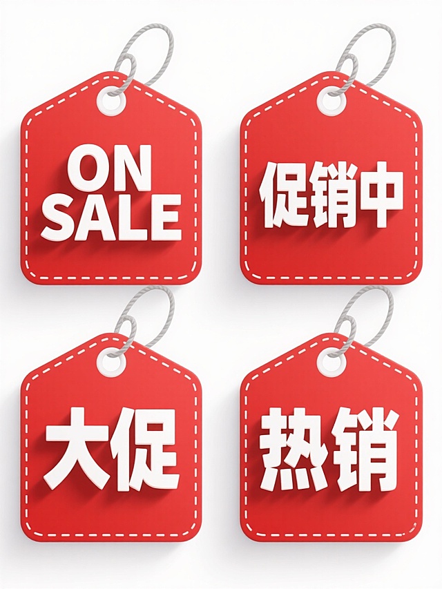 一套4个规整排布的电商促销标签素材，每个标签均为红色矩形吊牌样式，边缘有白色缝线装饰，顶部带灰色细绳和白色圆形挂孔，采用简洁无衬线白色立体粗体字，分别写有“ON SALE”“促销中”“大促”“热销”字样，标签下方有轻微阴影增强立体感，整体风格喜庆醒目，适合电商促销场景，背景为纯白色。