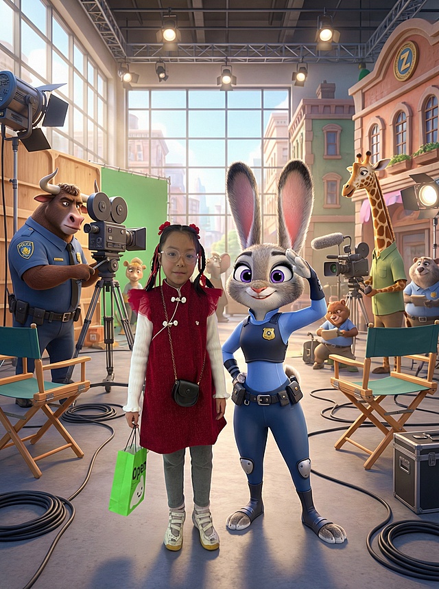 图1的人物（半身））和电影《疯狂动物城》片场的兔子迪警官合照，严格保持人物一致性，高细节摄影，背景是影片中的场景，写实风格的电影拍摄片场，细节拉满，8K分辨率