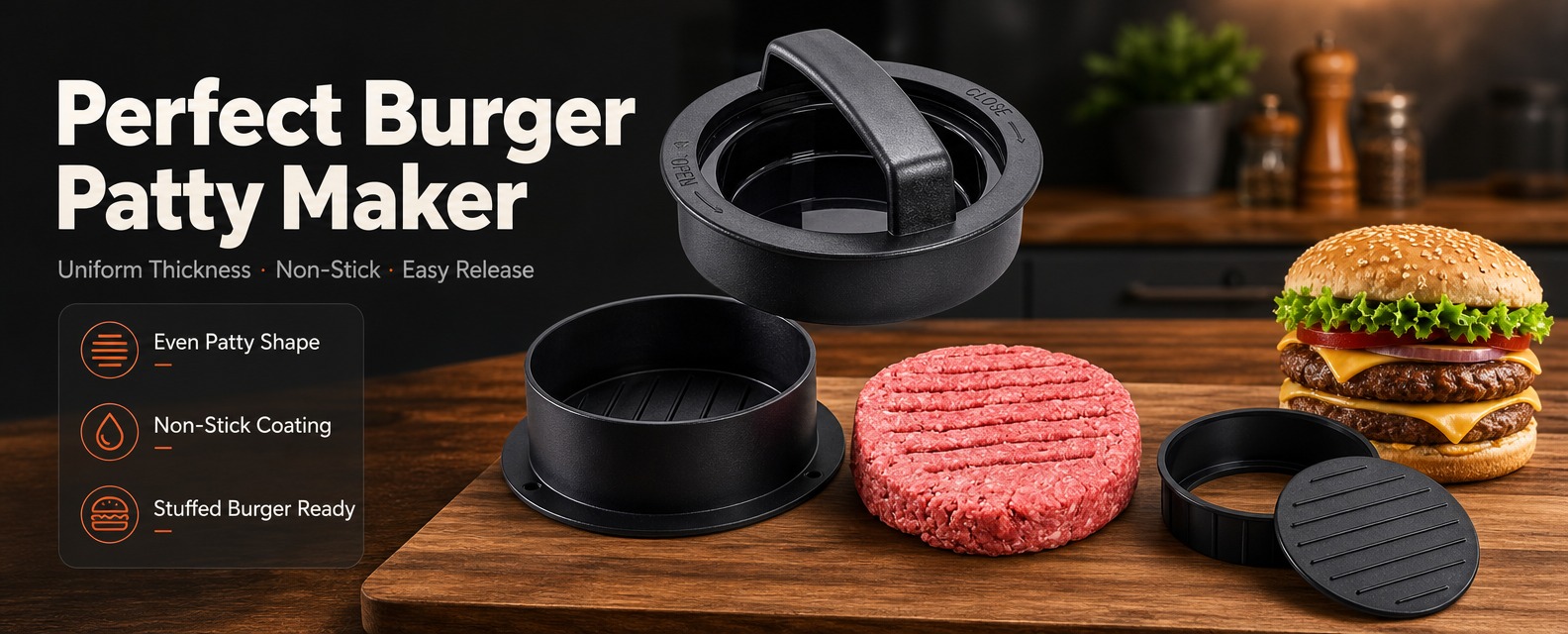 [商品] 使用【图1】黑色不粘汉堡肉饼压模器套装；保留压盖带提… - 图片创意预览