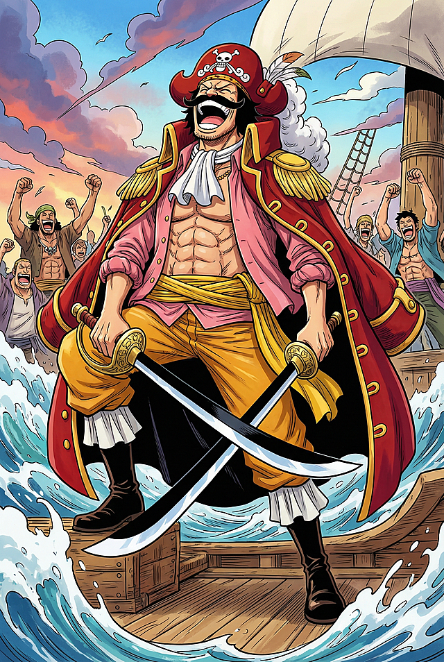 热血感十足的动漫风海盗船长，卡通感与漫画风结合，夸张表情与动态线条展现激烈战斗氛围，油画质感强化体积感，背景船员呐喊呼应节日狂欢主题。