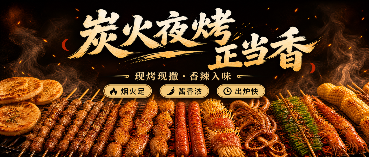 调整第一张720x240烧烤海报的文字内容，调整排版和文案表述，不要和另一张重复，保留整体暖棕炭烤风格和720x240尺寸不变预览效果