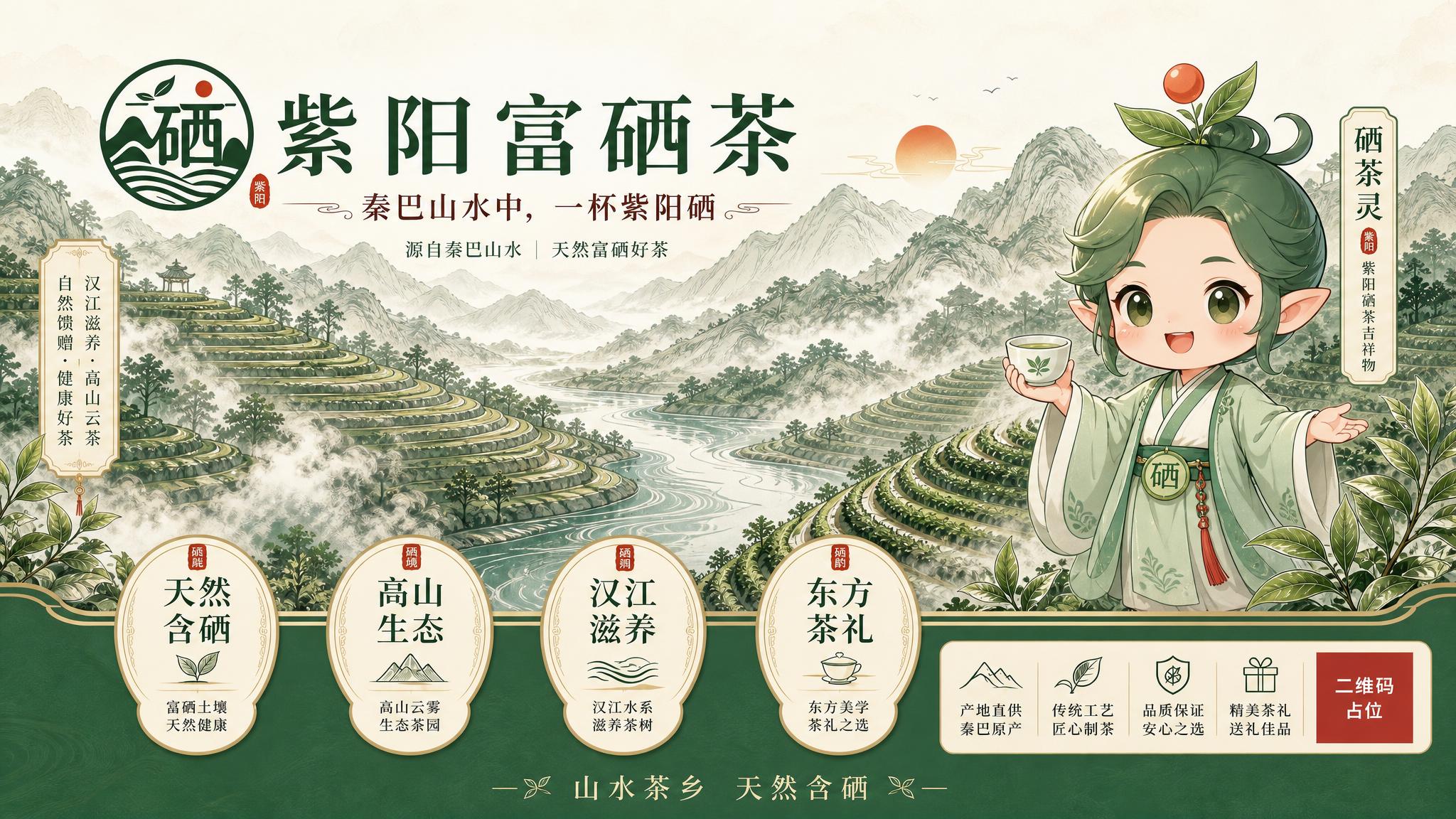 将这张紫阳富硒茶品牌海报改为横版16:9构图，并在画面右侧融入… - 图片创意预览