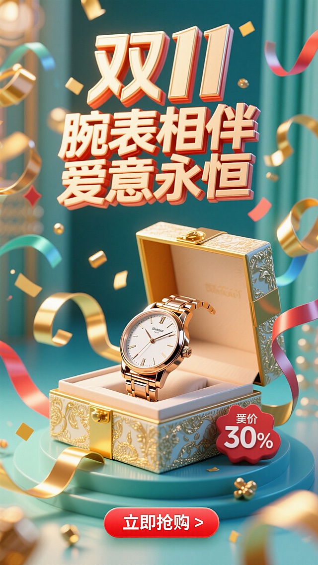 充满活力的双11销售海报构图。一枚优雅的手表放在打开的奢华礼盒中，周围是漂浮的彩带和金色丝带。电商风格，明亮欢快的灯光。“双11”Logo巨大且具有庆典感，位于顶部。主标题“腕表相伴 爱意永恒”采用粗体、喜庆的字体。一个大的、令人无法抗拒的红色“立即抢购”按钮，（带有折扣标签降价30%）在底部。商业化，以转化为导向的设计。