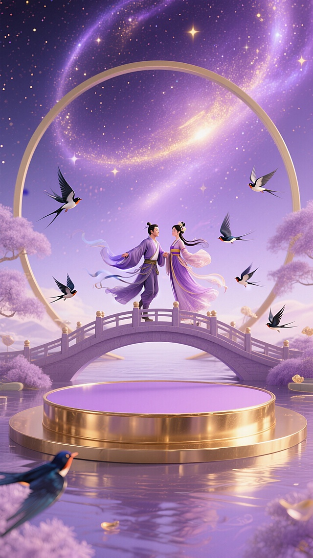 梦幻古典插画风，3D角色在超现实桥上浪漫相会，紫霞环绕，燕子翩飞。