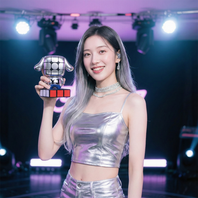 将该女性手中的话筒改为该手办，手动作自然，手办高度为10厘米，不要做得过大,不得改变手办任何形象预览效果